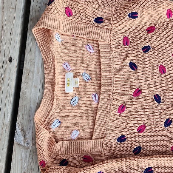 Maeve Elliana Embroidered Mutton Sleeve Sweater Sand Large Ladybug Knit Fall - Picture 8 of 12